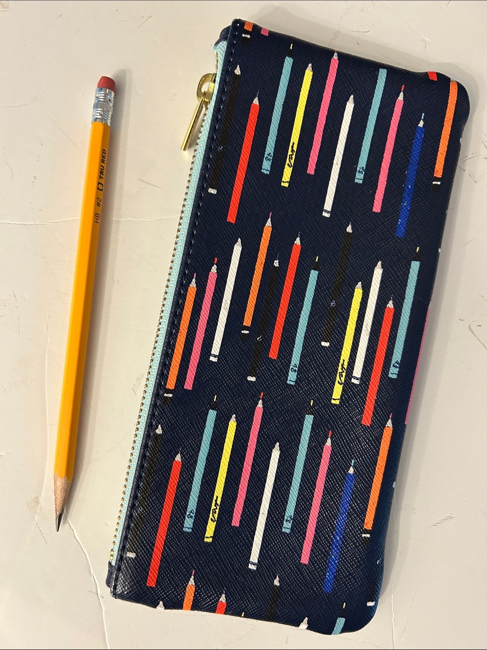 Anthropologie Navy Pencil Print Zip Pouch with Multicolor Accents